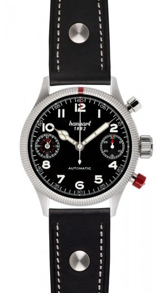 Montre Hanhart 1882 - Pioneer TwinDicator Noir, lunette cannelée
