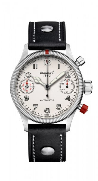 Montre Hanhart 1882 - Pioneer TwinDicator couture écrue, lunette cannelée