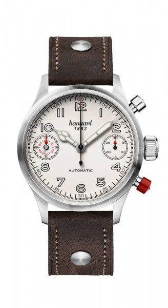 Montre Hanhart 1882 - Pioneer TwinDicator couture écrue, lunette lisse