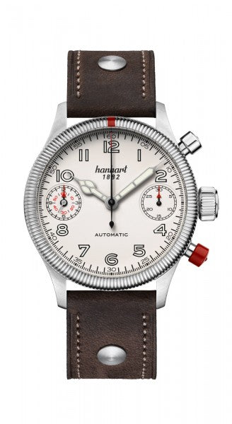 Montre Hanhart 1882 - Pioneer TwinDicator couture écrue, lunette cannelée