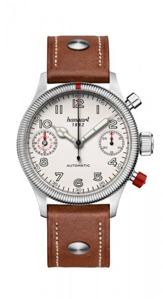 Montre Hanhart 1882 - Pioneer TwinDicator couture écrue, lunette cannelée