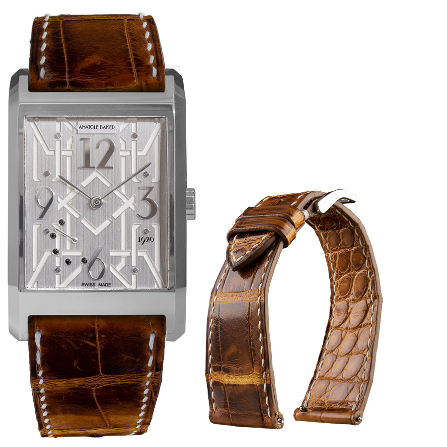 Montre ANATOLE BAKER 1920 - Dandy diamants noirs - Bracelet alligator Waxé marron