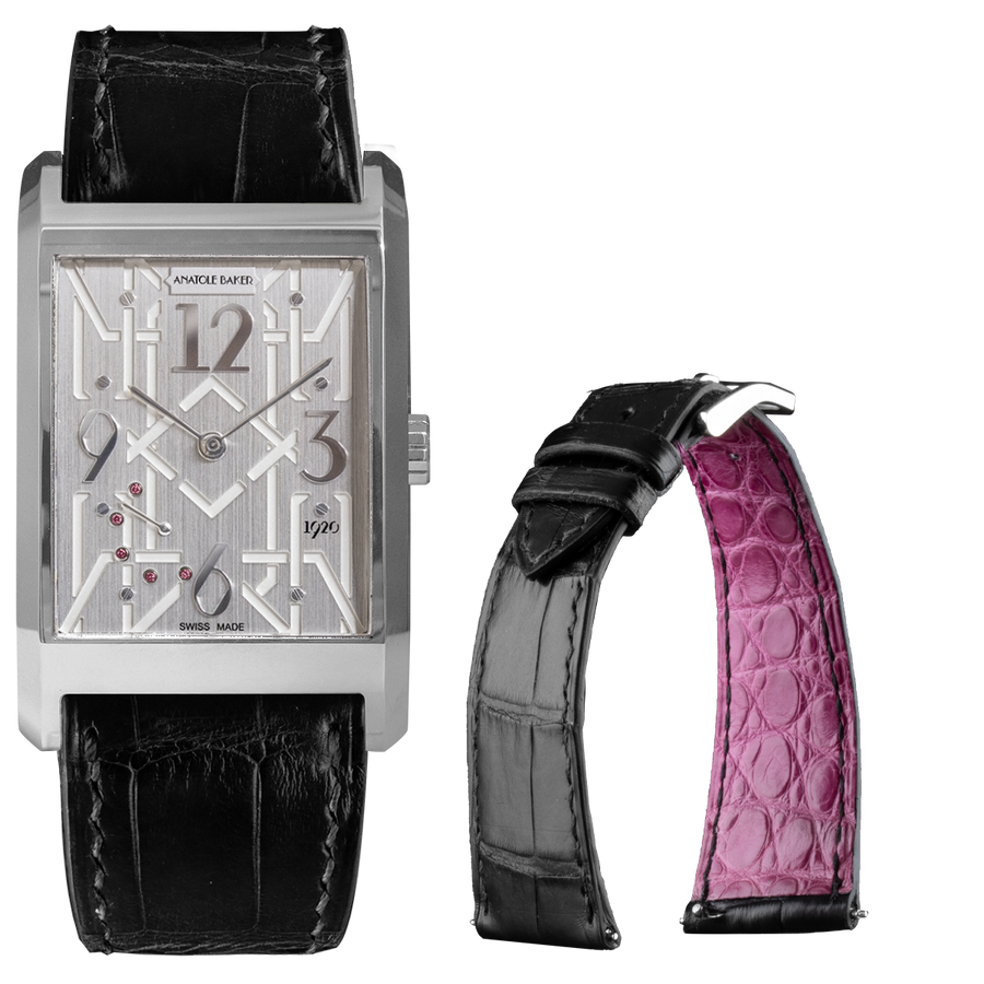 Montre ANATOLE BAKER 1920 - Dandy rubis roses - Bracelet alligator noir doublure rose