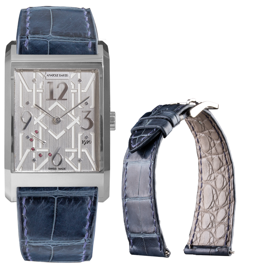 Montre ANATOLE BAKER 1920 - Dandy rubis roses - Bracelet alligator Waxé bleu
