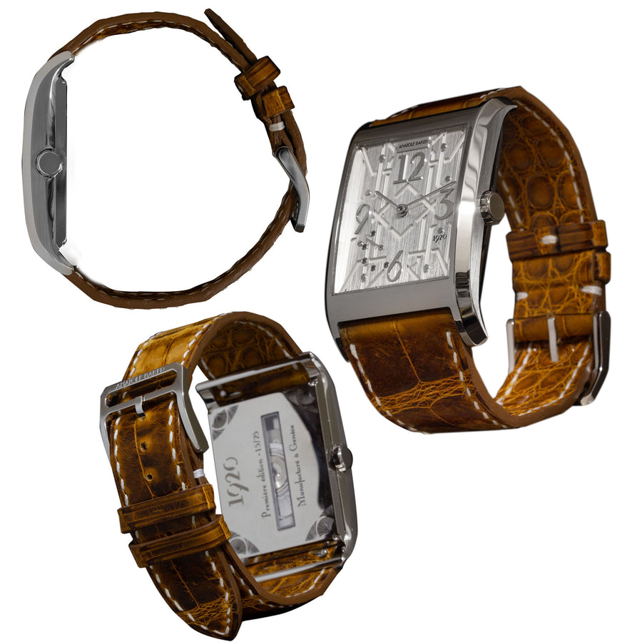 Montre ANATOLE BAKER 1920 - Dandy diamants noirs - Bracelet alligator Waxé marron